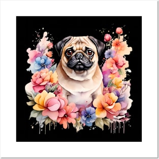 A pug decorated with beautiful watercolor flowers Posters and Art